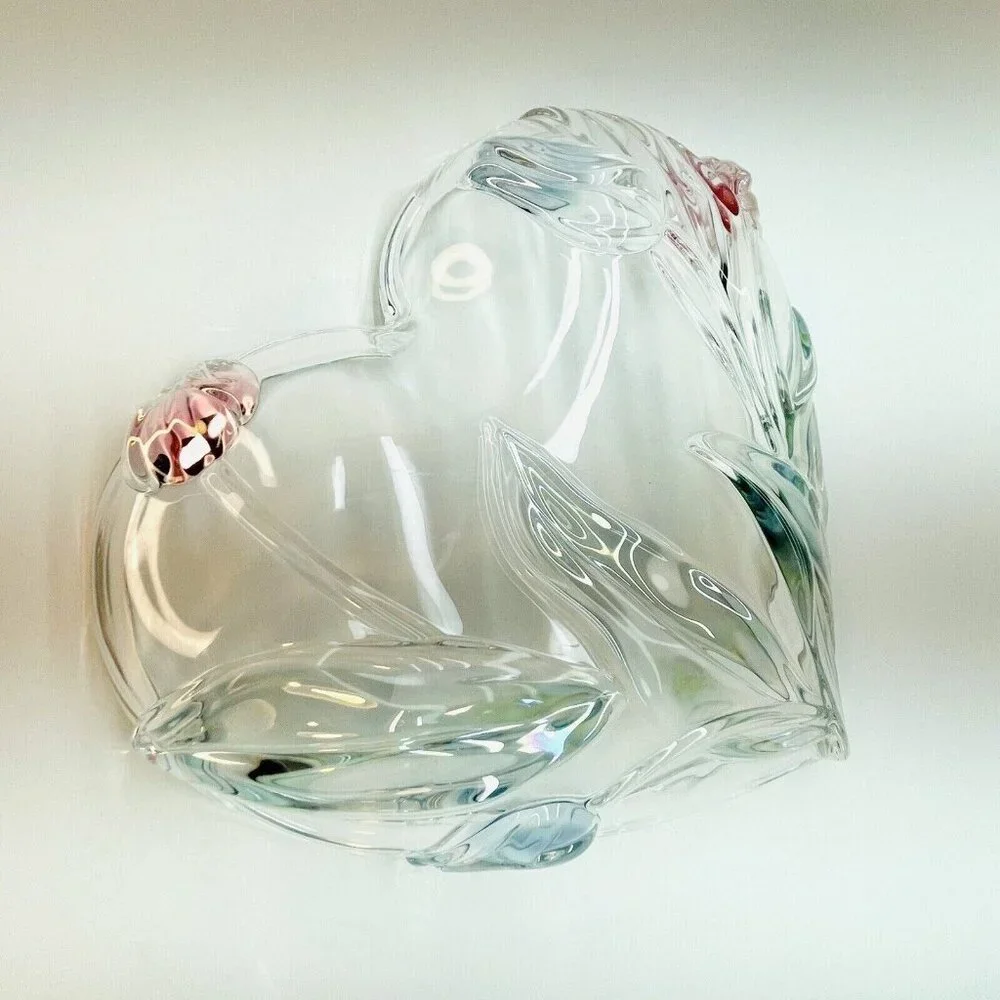 Mikasa Tivoli Crystal Serving Tray Heart Shaped W Blue Red Tulips Germany 9.5" - Picture 11 of 11